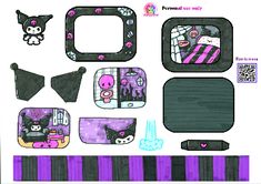 an assortment of items are displayed on a white board with purple and black stripes in the background