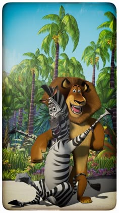 an animal and zebra standing next to each other in front of some palm trees,
