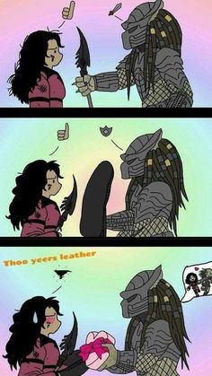 two cartoon pictures with the same person being hugged by an alien