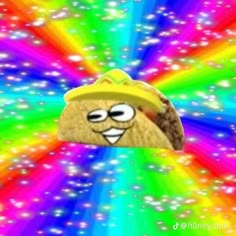 a cartoon character wearing a sombrero in front of a rainbow background