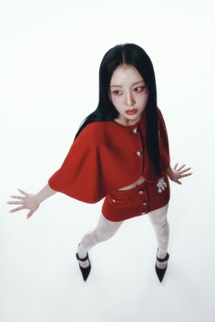 a digital painting of a woman dressed in red and white with her hands out to the side