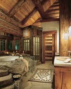The shower is very interesting on this one | Rustic bathrooms, Rustic bathroom designs, Dream bathrooms