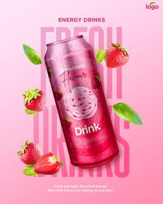 an advertisement for energy drinks with strawberries and leaves on the pink background that says, energy drinks