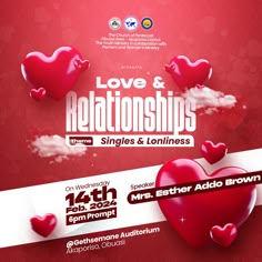 the flyer for love and relationships singles & lonlies is shown with hearts floating out