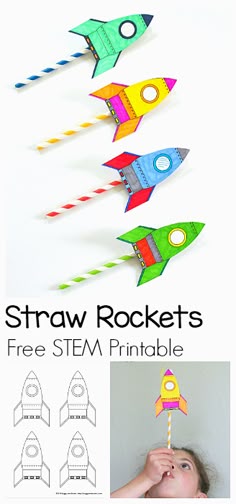 STEM Activity for Kids: How to Make Straw Rockets (w/ Free Rocket Template)- Fun for a science lesson, outdoor play activity, or unit on space! ~ BuggyandBuddy.com Rocket Art And Craft For Toddlers, Printable Rocket Activity, Classroom Rocket Craft Project, Colorful Rocket Craft, Colorful Paper Rocket Project, Straw Rocket, Rocket Template, Sciences En Maternelle, Space Activities