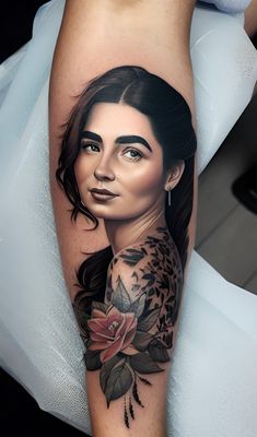 a woman's leg with tattoos and flowers on it