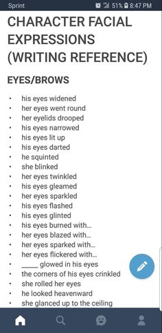 an image of the text on top of a page that says, character facial expressions writing reference