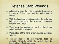 a piece of paper with the words defense stab wounds written in black on it