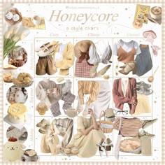 Honeycore Outfits Aesthetic, Fairycore Capsule Wardrobe, Honeycore Outfits, Cottagecore Fashion Drawing, Honeycore Aesthetic Outfits, Cottagecore Outfit Board, Honeycore Aesthetic, Vintage Autumn Fashion Collage, Cottagecore Outfit Ideas