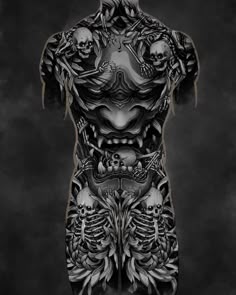 the back of a man's body with skulls and bones on it, in black and