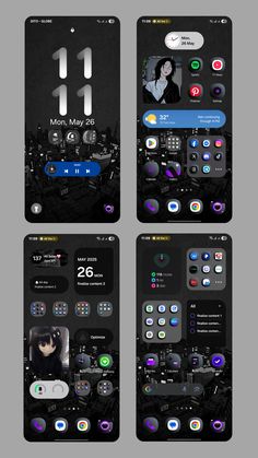 four screens showing the different themes for an iphone's home screen, including icons and buttons