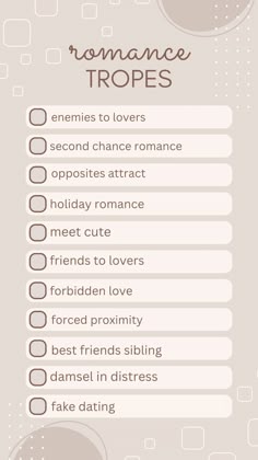a list with the words romance tropes written on it