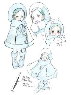 some drawings of people in winter clothes and hats, one is holding an umbrella while the other