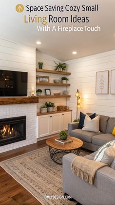 living room with fireplace and built - in shelving on the wall, space saving cozy small living room ideas