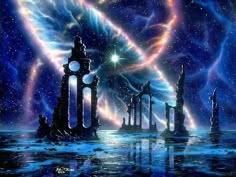 an image of some strange structures in the sky with stars and water around them, as well as other things