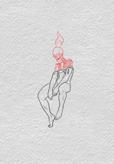 a drawing of a man with a burning head on his back, sitting in front of a white wall