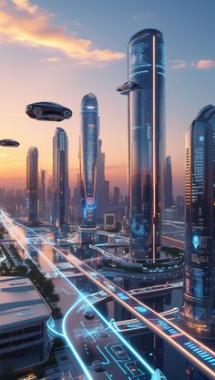 futuristic cityscape with cars and flying objects in the sky at sunset or dawn