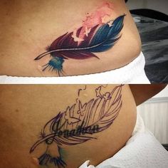 two different pictures of a woman's stomach with a tattoo on the side and an image of a feather