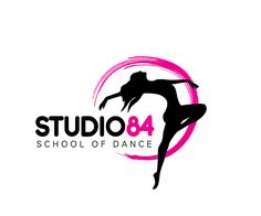 the logo for studio 84 school of dance, with a woman dancing in pink and black