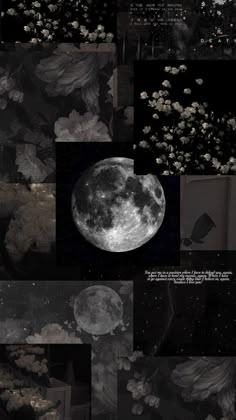 a collage of photos with the moon in the sky and flowers on the ground