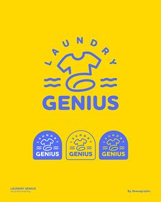 the logo for laundry genius is shown in blue on a yellow background with three different colors