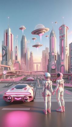 two people standing in front of a futuristic city with pink cars and flying saucers