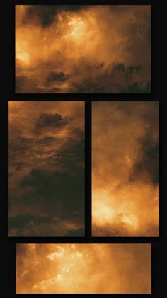 four different images of clouds in the sky