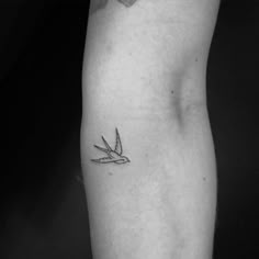a black and white photo of a person's arm with a bird tattoo on it