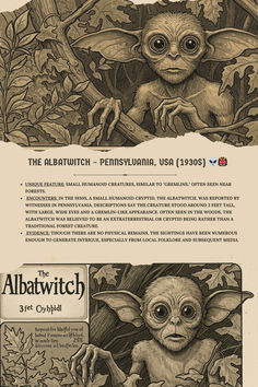 Detailed illustration of the Albatwitch, a small, humanoid creature with large eyes and pointed ears, nestled amongst forest foliage.