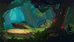 an animated forest scene with trees and rocks