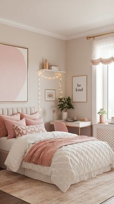 a bedroom with pink and white decor