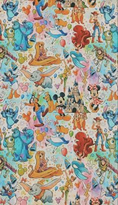 an image of disney characters on a white background with many different colors and sizes, including the