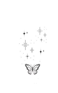 a black and white drawing of a butterfly flying in the sky with stars around it