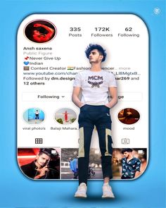 a man standing in front of an instagramr with his hands on his hips