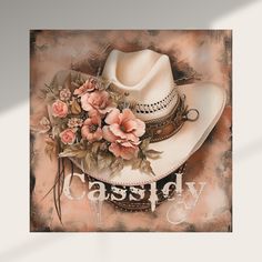 a painting of a cowboy hat with flowers on it