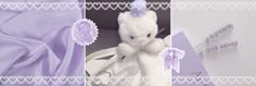 a white stuffed animal sitting on top of a bed next to purple sheets and lavender flowers