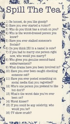 a poem written in blue ink on white paper with flowers and words that read, spill the tea