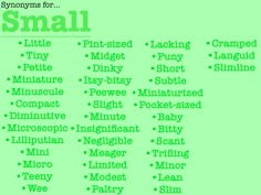 a green poster with words that say small, tiny, and large things in different languages