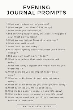 a poster with the words evening journal prompts