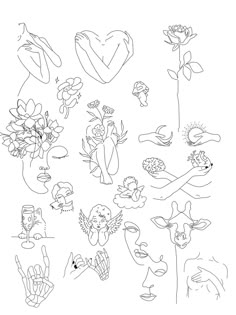 a drawing of many different types of flowers and hands with fingers pointing up at them