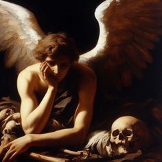 a painting of an angel sitting next to a human skull