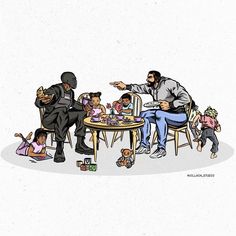 a group of people sitting around a table with food on it and one person pointing at something