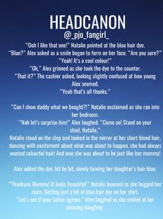 a poem written in blue and white with the words headcanon on it's side