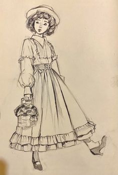Old Style Drawing, Girl In Dress Drawing, Sketches Reference, Simple Drawing References, Vintage Girl Drawing, Old Art Style, Victorian Sketches, Victorian Drawings, Art De Crayon De Couleur
