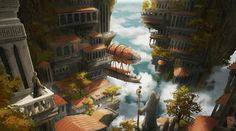 an aerial view of a city with tall buildings and orange roofs, surrounded by clouds