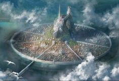 an artist's rendering of a castle surrounded by clouds in the shape of a circle
