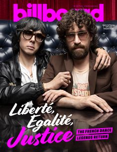two men sitting next to each other on top of a magazine cover with the words'liberie equilite justice '
