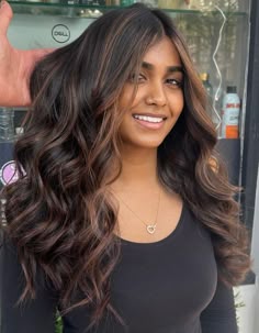Subtle Hair Dye For Black Hair, Subtle Dyed Hair For Black Hair, Subtle Hair Highlights For Black Hair, Black Hair Brown Balayage, Brown Highlights In Black Hair, Brown Babylights On Dark Hair, Balayage Hair For Black Hair, From Black To Brown Hair, Subtle Hair Colour For Black Hair