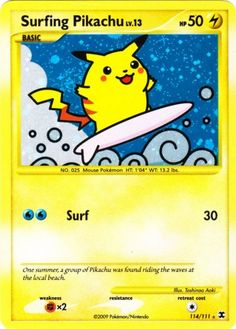a pokemon card with an image of a pikachu holding a surfboard