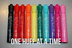 many different colored pens lined up in a row with the words one huft at a time